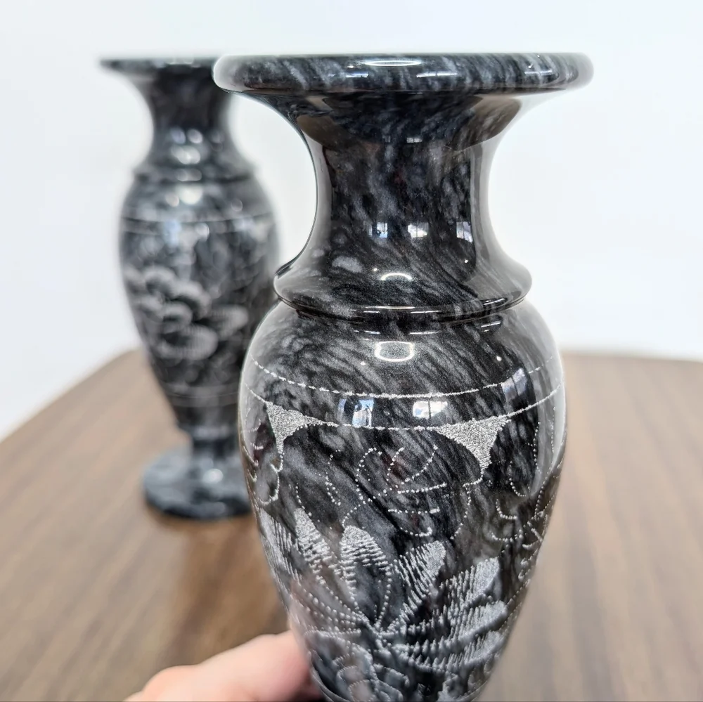 Pair Of Black & Gray Quartz Vained Marble Floral Etched Footed Vases Solid Stone